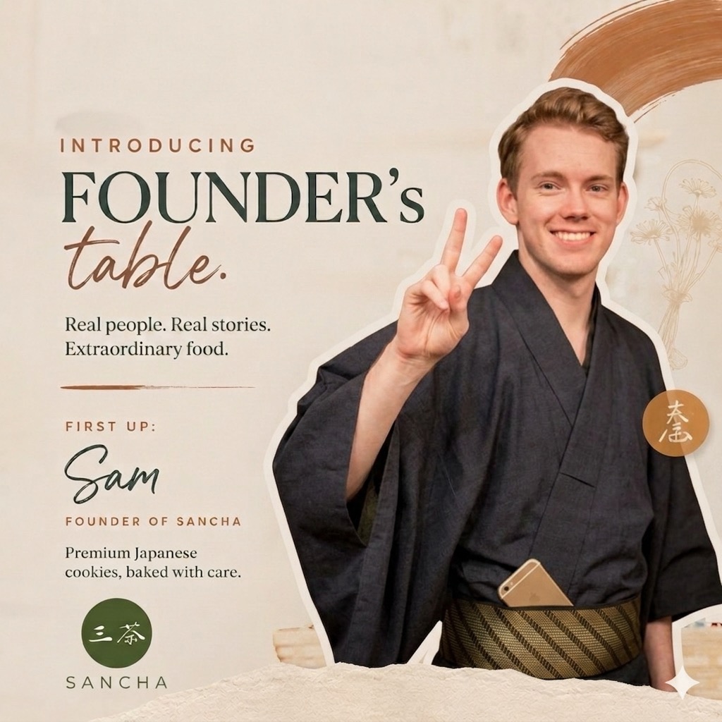 Founder's Table introduction graphic — Sam, founder of Sancha, in a navy kimono making a peace sign